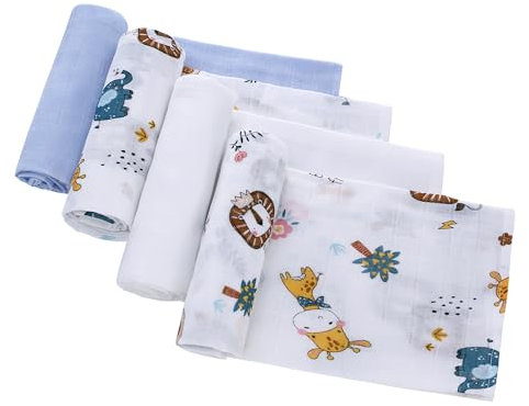 LAT Set 4 Pezzi Mussole Cotone per Neonato, 70x80cm Panni in Mussola per Neonato, Morbido e Traspirante Teli in Mussola Copertina Cotone per Neonati (Elefante+Blu+Bianco)