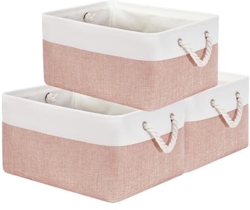 Mangata Soft Fabric Storage Boxes, Multi-Size, Rectangular Container Baskets for Shelf, Wardrobe, Toys and Clothes, 41x31x18 cm, Pink and White(Large, 3 Pack)