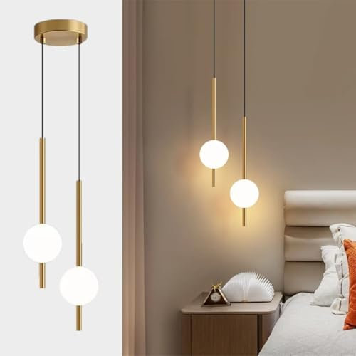 Modern Pendelleuchte Kugel, Nordisch Nachttisch Hängelampe Schlafzimmer Einfache Lange LED Sphärische Deckenlampe Gold Metall, für Esszimmer, Wohnzimmer, Kücheninsel, Loft 2 Lichter
