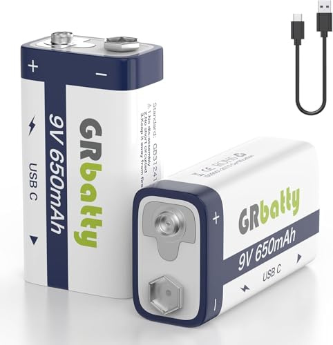 GRbatty 2 x 9V Rechargeable Lithium Square Battery, 650mAh, Fast USB Cable