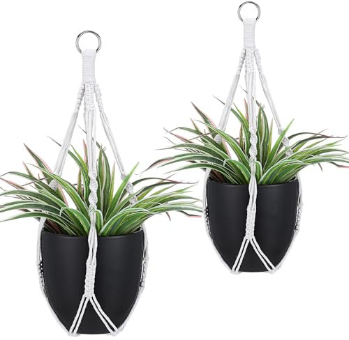 Wanmu Macrame Plant Hanger, 2 Pcs Boho Indoor Hanging Planter Basket, Decorative Braided Cotton Flower Pot Holder No Tassels with Metal Hook Rings for Indoor Outdoor Home Decor, Beige, 20 Inchs