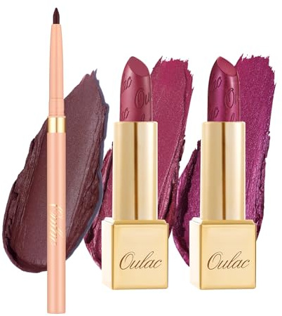 Oulac Set di rossetto e matita per labbra, finitura metallizzata opaca, formula altamente pigmentata e idratante, liscia e senza grani, vegano, 3 pezzi