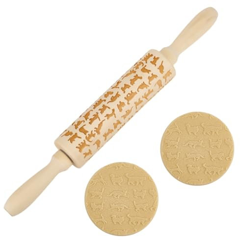 DELORIGIN Nudelholz Aus Holz Mit Katzenprägung 34cm Langes Nudelholz Mit Blumenmotiv Zum Backen von Keksen 3D Muster DIY Küchenwerkzeug Keks Fondant Teig Zubehör
