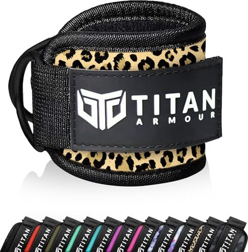 Titan Armour® Single Ankle Straps for Cable Machines | Gym Cuffs w/Heavy-Duty Steel Double D-Rings & Adjustable Strap | Lower Body Workouts Inc. Leg Curl & Glute Kickback (Leopard Print)
