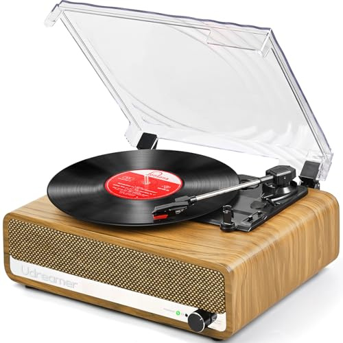 Udreamer Record Player with Speaker Bluetooth Turntable Vintage Vinyl Player Support USB AUX-in Headphone RCA Line-Out 3 Speed Belt-Driven Auto-Stop Mirror Design Lemon