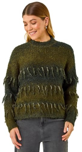 Roman Originals Tassel Stripe Crew Neck Jumper for Women UK - Ladies Everyday Autumn Winter Crew Neckline Comfy Soft Evening Vacation Work Party Night Out