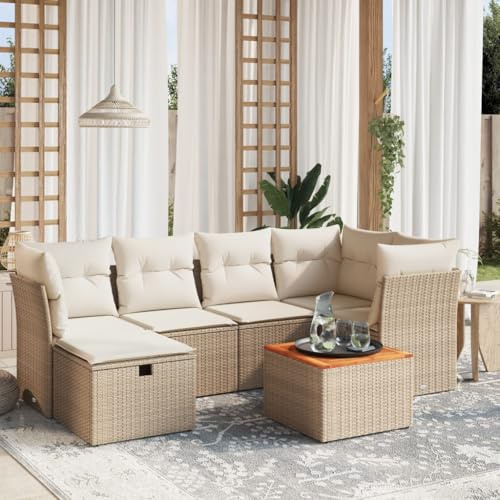 QJBSAVVA 7-TLG Garten Sofagarnitur Beige Poly Rattan Ecksofa mit Mittelsofa Hocker Tisch Gartenmöbel Set Modernes Design Robust und Langlebig für Balkon Terrasse und Innenhof