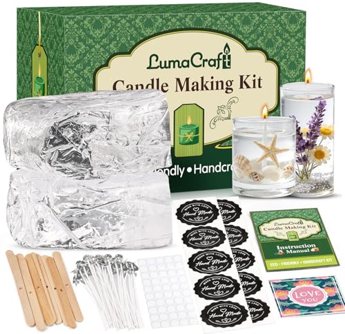 LumaCraft Klares Gelwachs zur Kerzenherstellung – 1000g Transparentes Jelly Wachs mit 50 Dochten, 50 Dochtklebern & 10 Dochthaltern, Natürliches DIY Gelkerzen Zubehör für Anfänger & Bastler