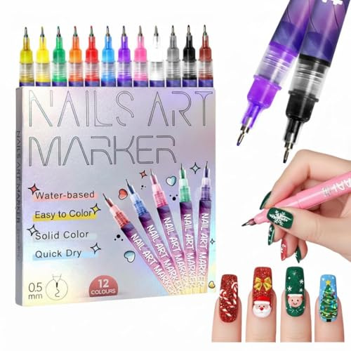 12 Colors Nail Art Pens Set, Nail Art Markers for Press on Nails, 3D Nail Art Pens, Drawing Painting Liner Brush for DIY, Christmas Gifts for Women Beauty Manicure Tools (1 Set)