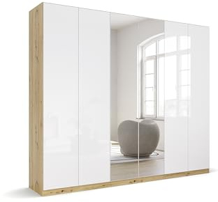 Rauch Möbel Alabama, Schrank, Hochglanz Weiß/Eiche Artisan, Breite 271 cm | Kleiderschrank, 6-türig, mit Spiegel, Zubehör Classic, für Schlafzimmer, Kinderzimmer, Ankleidezimmer, Garderobe, Flur