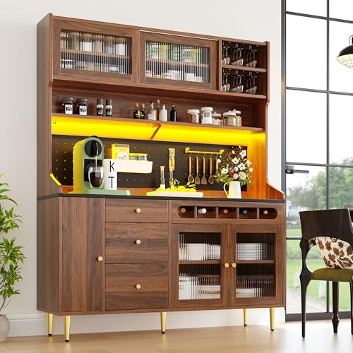 Zravenna Armario de cocina alto con puertas correderas de cristal, cajón, estantería para vino, estantes ajustables, patas metálicas, armario de comedor con gran espacio de almacenamiento, 145 × 39 ×