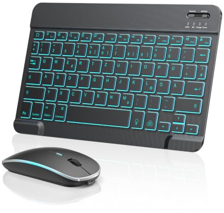TECURS Bluetooth Tastatur Maus Set Kabellos Deutsches QWERTZ für iPad | 7-Farbige Hintergrundbeleuchtung, Wiederaufladbar, Scheren-Tasten, Ultradünnes, Tragbares Tastatur Maus für iPad Pro/Air/Mini