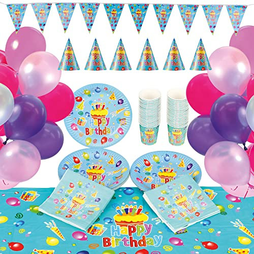 MATANA 182 Piezas de Vajilla de Fiesta de Cumpleaños para Niños (40 Invitados) - 40 Platos, 40 Vasos, 40 Gorros, 40 Servilletas, 20 Globos, Banderín 2M, Mantel Grande