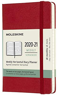 Moleskine - Horizontaler Wochenplaner/Tagesplaner, Terminkalender 18 Monate 2020/2021, Wochenplaner mit festem Einband und elastischem Verschluss, Format Pocket/A6 9 x 14 cm, scharlachrot, 208 Seiten