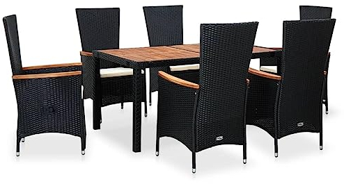vidaXL Akazienholz Gartenmöbel 7-TLG. Rattanmöbel Sitzgruppe Sitzgarnitur Lounge Gartengarnitur Gartenset Tisch Stühle Schwarz Poly Rattan
