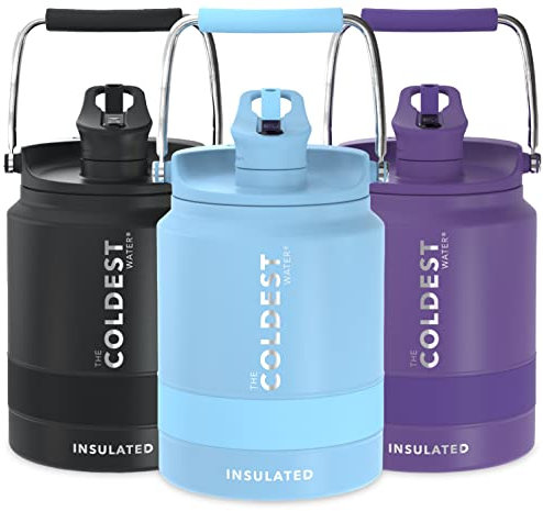 COLDEST Sports Water Bottle 128 oz/One Gallon (Straw Lid), Leak Proof, Vacuum Insulated Stainless Steel, Hot Cold, Double Walled, Metal Canteen Growler Jug (Fusion Blue, Half Gallon)