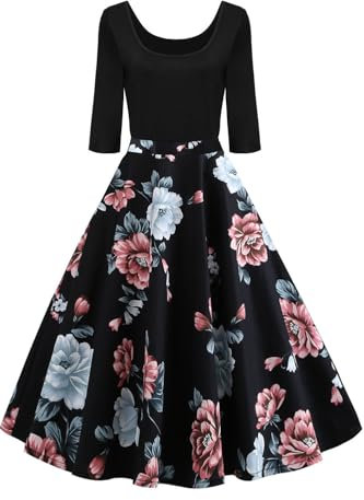 AXOE Women 50s Style Floral Vintage Rockabilly Dress 3/4 Sleeves Black with Flower Print F6B, UK Size 18, XXL