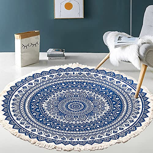 Vintage Boho Baumwolle Teppiche Mandala Muster Waschbar Handgewebte Böhmische Runder Teppich mit Quasten für Schlafzimmer Flur Wohnzimmer Couchtisch Fußmatten,Waschmaschinenfest,120CM Blumen #20