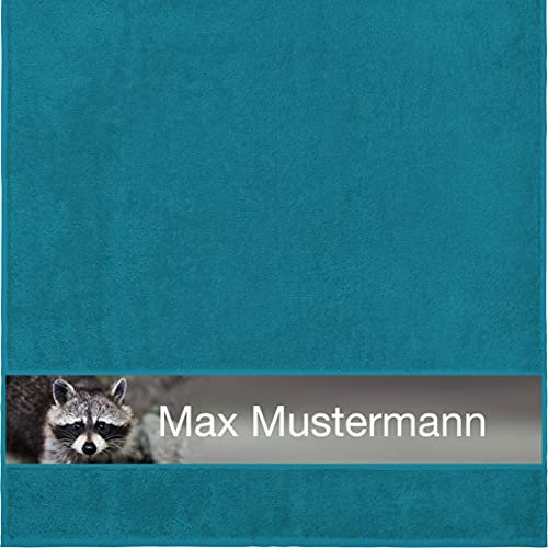 Manutextur Duschtuch mit Namen - personalisiert - Motiv Waschbär - viele Farben & Tiermotiven - Dusch-Handtuch - Petrol - Größe 70x140 cm - persönliches Geschenk mit Wunsch-Motiv und Wunsch-Name