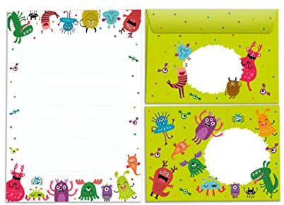 Briefblock mit Umschlag für Kinder lustige Monster Briefpapier-Set (Block A5 mit 25 Blätter + 15 Umschläge)