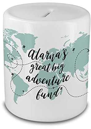 Adventure Fund Ceramic Money Box Savings Jar Personalised Name and Text Featuring World Map of Travels