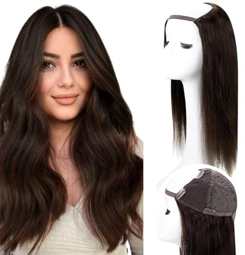 RUNATURE U Part Wig Human Hair 45cm 18 Zoll Farbe 2 Dunkelstes Braun Haarverlängerung Echthaar 150 Dichte U Teil Perücke