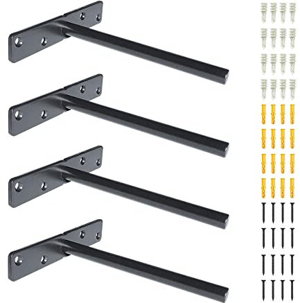 Premium Heavy Duty Floating Shelf Brackets - Solid Steel Wall Mounted Bracket for Concealed Shelves with Screws & Wall Plugs for Drywall & Concrete Wall - Invisible Hidden Supports (4 Pcs, Black)