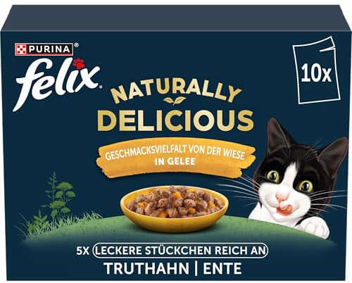 Felix Naturally Delicious Katzenfutter nass Geschmacksvielfalt von der Wiese mit Gemüse in Gelee 6er Pack (10 x 80g)
