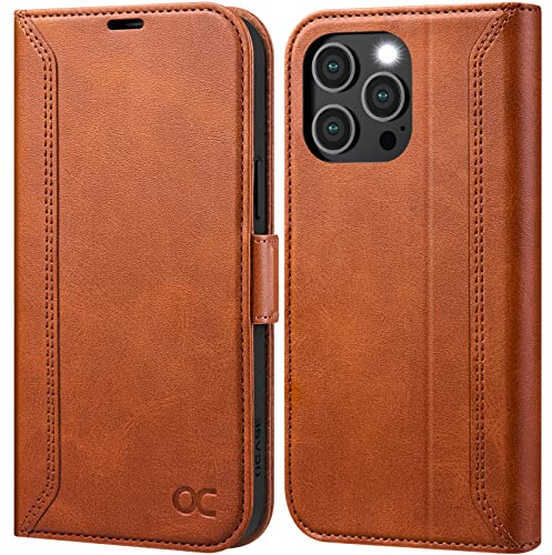 OCASE Retro Hülle für iPhone 14 Pro 5G Handyhülle Tasche PU Leder Brieftasche Etui RFID Schutzhülle Lederhülle Klapphülle Kompatibel für iPhone 14 Pro 5G DREI-Loch-Kamera (6,1 Zoll) Braun