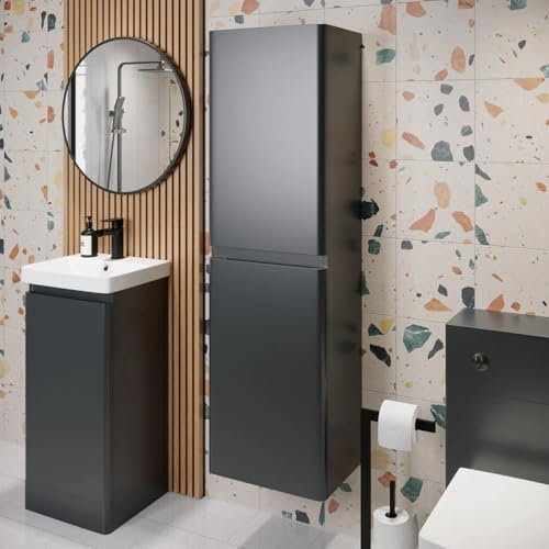 Bathroom Cloakroom Wall Hung 1400x400mm Tall Bathroom Cabinet Flat Pack Soft Close Anthracite Grey Furniture Storage