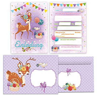 Junapack 12 Einladungskarten incl. 12 Umschläge zum Kindergeburtstag Geburtstag Mädchen Reh