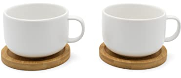 Bredemeijer 2-teilige weiße Keramik Teetassen mit Henkel & Holz-Untersetzer - 250 ml Teebecher aus Steingut