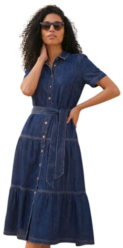 Roman Originals Denim Tiered Cotton Midi Dress for Women UK - Ladies Everyday Holiday Spring Summer Shirt Neckline Comfy Soft Evening Vacation Work Party - Blue - Size 14