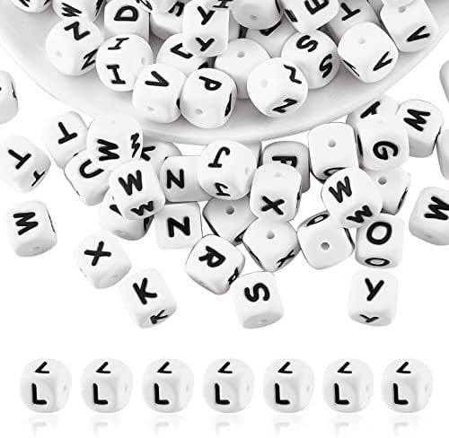 BEEFLYING 20-Piece White Cube Silicone Beads - 12mm Square Dice Alphabet Initial Large Hole Loose Spacer Beads for Bracelet & Necklace Jewelry Making Decoration (Letter L)