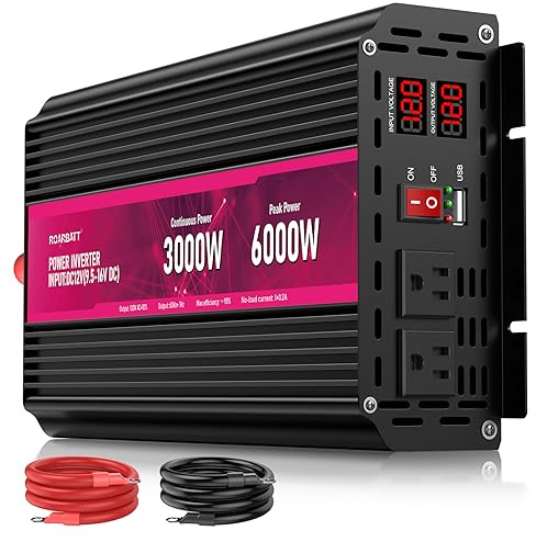 ROARBATT 3000W 12V DC to AC 110V 120V Power Inverter, 6000W Peak, 2 AC Outlets, USB 2.4A, LCD Display, Battery Clips, 1 Pack