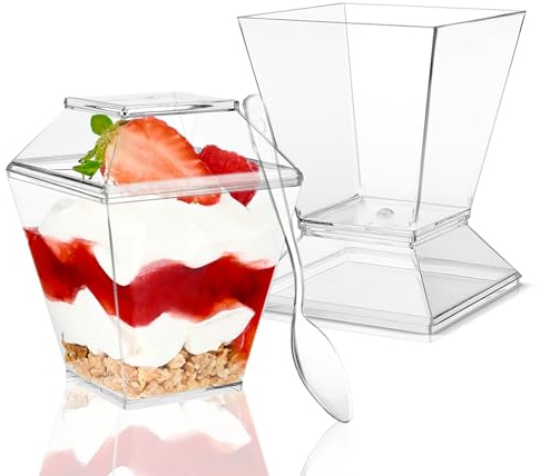 TOFLEN 50 Pack 3.5 oz Mini Dessert Cups with Rigid Lids and Spoons, Square Clear Plastic Dessert Shooters Party Serving Tumbler Cups for Parfait Appetizers & Dessert Shot Glasses