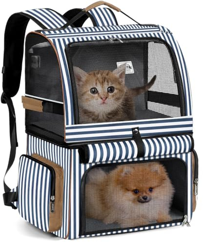 Lekespring Katzenrucksack mit 2 Ebenen für 2 Katzen, faltbar, Streifen | Für je 1 Katze bis 5 kg pro Ebene oder 1 Tier bis 11 kg, mit Mesh-Fenstern, Stahlrahmen, 2 Matten und 2 Sicherheitsleinen