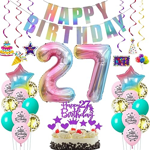 Deko 27. Geburtstag frauen bunt,Geburtstagsdeko 27 jahre frauen Rosa Luftballons 27 Geburtstag dekoration Regenbogen,bunt Folienballon 27 Geburtstag deko frau Rosa Tortendeko 27 Geburtstag lila