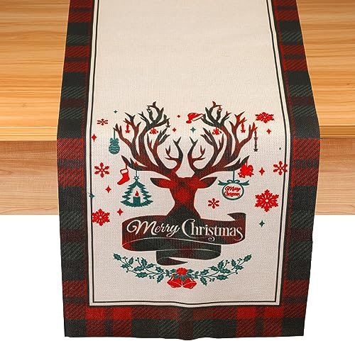 Weihnachts Tischläufer, 184x35cm Weihnachts Tischdecke Merry Christmas Tischläufer Leinen Weihnachtsdekoration Tisch für Esstisch Dinner-Party (Weißer Elch-Stil)