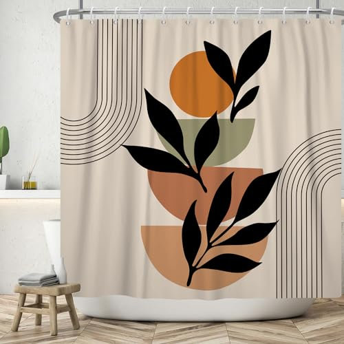ASDCXZ Rideau de Douche Boho 180x180 cm, Style Boho Abstrait Moderne Feuilles Noires Orange Soleil Ligne Kaki Lavables Textile Rideau de Bain imperméable pour Baignoire avec 12 Crochets