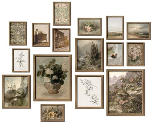 16 PCS Framed Vintage Wall Art Decor, French Country Farmhouse Gallery Wall Frame Set Prints for Bedroom Bathroom, Rustic Landscape Posters for Living Room Aesthetic, Cottagecore Dorm Home Collage Kit