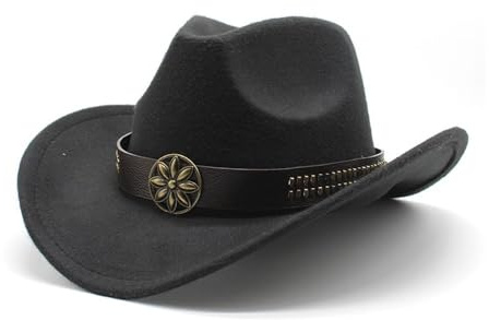 Fengyan Hüte Vintage Tibetischer Hut Western Cowboyhut mit Kuhfell Accessoires Herbst und Winter Ethno Stil Hut, Schwarz , 6 7/8-7 1/8
