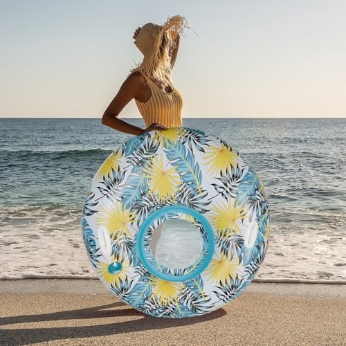 CYFIE Colchoneta Piscina, Hamaca de Agua Flotante para Adultos, Colchón Hinchable para Piscina, Mar y Tomar el Sol, Flotador Redondo Piscina con Red y Soporte para Bebidas, Diámetro de 110cm Azul