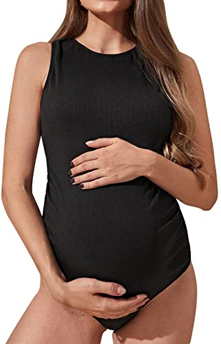Woaikeyu Maillot De Bain Maternité Femme 1 Pièces Maillots de Bain Une Pièce Plage Bikini Maternité Rayé Tissu Maillot De Bain Grossesse Taille Haute Maillot De Bain Enceinte (Black, M)