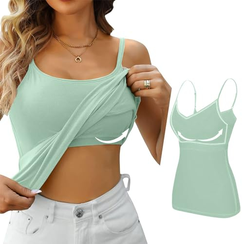 Generic Top Damen Elegant Einfarbig Ärmelloses U-Ausschnitt Spaghetti Top mit Eingebauter BH Gepolstert Verstellbare Spaghettiträger Tank Tops mit Integriertem Lässige Cami Tanks Fitting Yoga BH