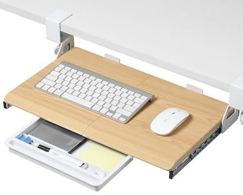 ETHU Keyboard Tray Under Desk, 19.7 X 12.2 Small Size C Clamp Keyboard Drawer Under Desk, Computer Keyboard Stand Slide Pull Out, Ergonomic Keyboard Tray for Home, Office (Oak)
