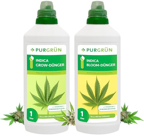 Purgrün® Indica-Dünger-Set 2 x 1 Liter – Schnell wirksame Rezeptur – Vollspektrum-Nährstoffe für Wachstum & Blüte – Flüssigdünger Indoor & Outdoor – Für alle Wachstumsphasen von Indica-Pflanzen