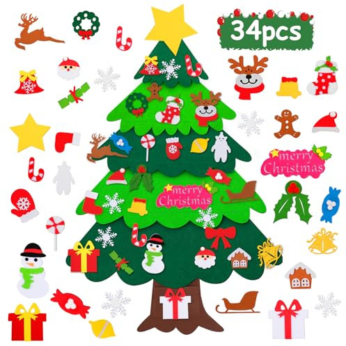 Filz Weihnachtsbaum Kinder, 115 cm/3,77ft Filz Christmas Tree DIY Bastelset Weihnachten Kinder, Wand Filz Tannenbaum Kinder mit 36Pcs Abnehmbaren Ornamenten für Home/Tür/Wand Dekor