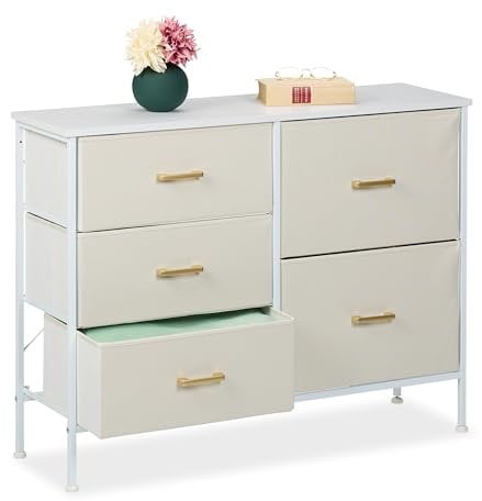 Relaxdays Kommode, 5 Stoffschubladen, Flur, Schlafzimmer, HxBxT: 76 x 100 x 31 cm, Schubladenschrank, Metall, weiß/Gold