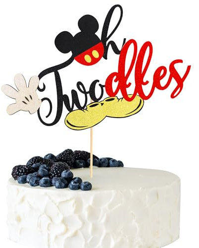 Arthsdite 1Pc Mick Mouse Inspired Oh Twodles Cake Topper for Boys, Black Gold Red Glitter Mouse 2nd Birthday Cake Topper for Second Birthday Party Decorations Supplies